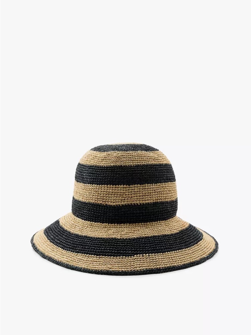 ZARA Striped Straw Bucket Hat - Black and Tan